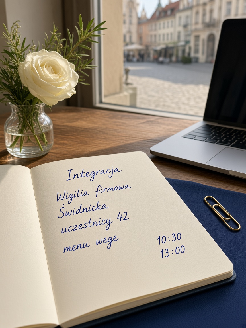 Biurko z notesem, estragonem i planem wydarzenia